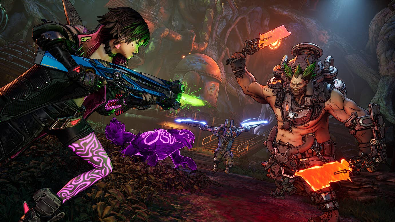 Vault hunter Vex shoots at a machete-wielding enemy in Borderlands 4.